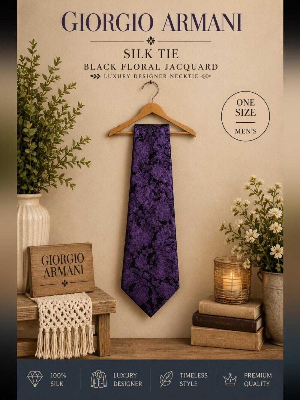 Giorgio Armani Silk Tie Purple Black Floral Jacquard Luxury Designer Necktie